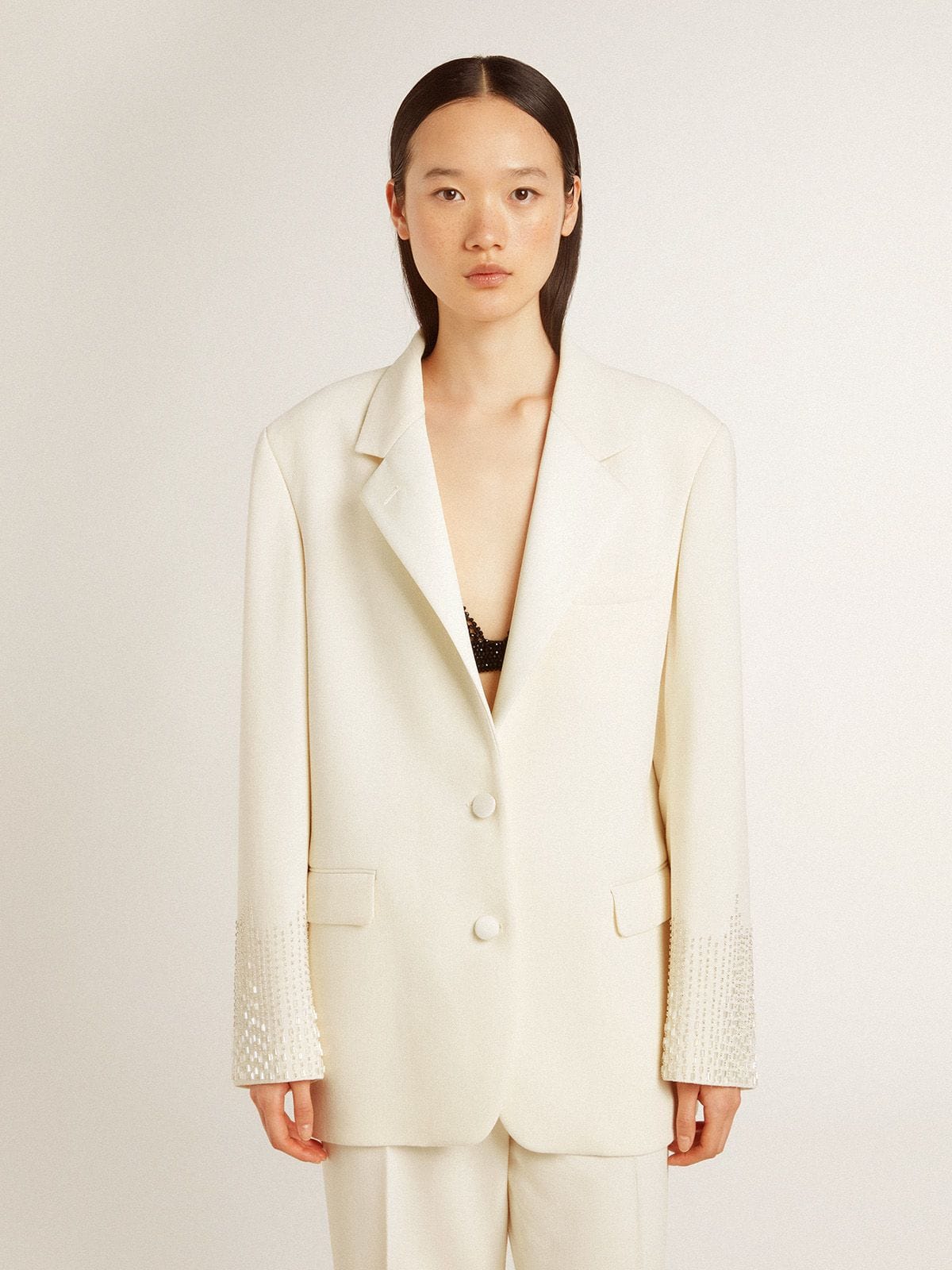 Single-breasted oversize jacket in white with silk effect and embroidery - Golden Goose Women