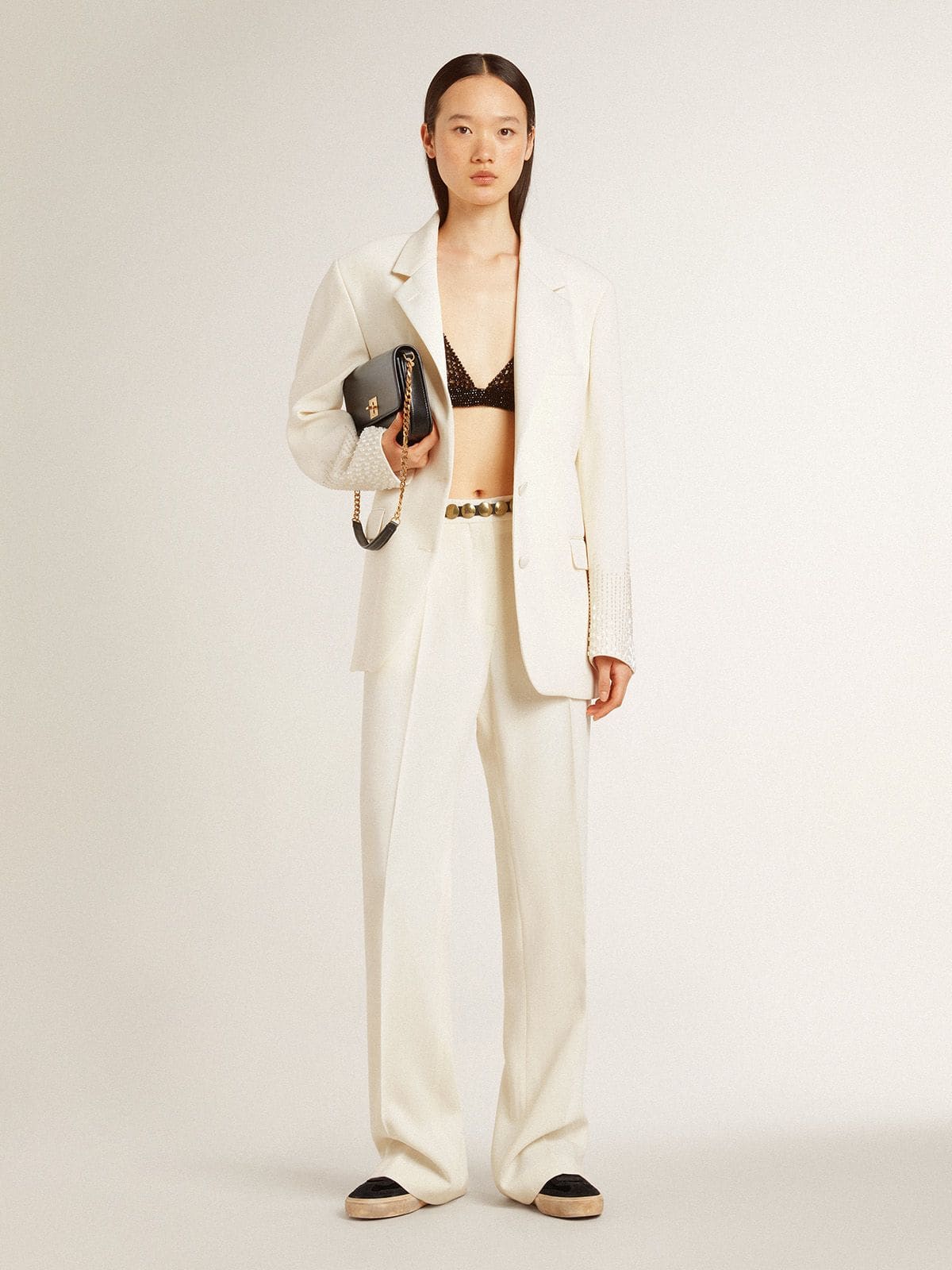 Single-breasted oversize jacket in white with silk effect and embroidery - Golden Goose Women