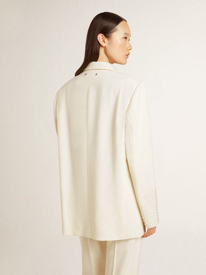 Single-breasted oversize jacket in white with silk effect and embroidery - Golden Goose Women