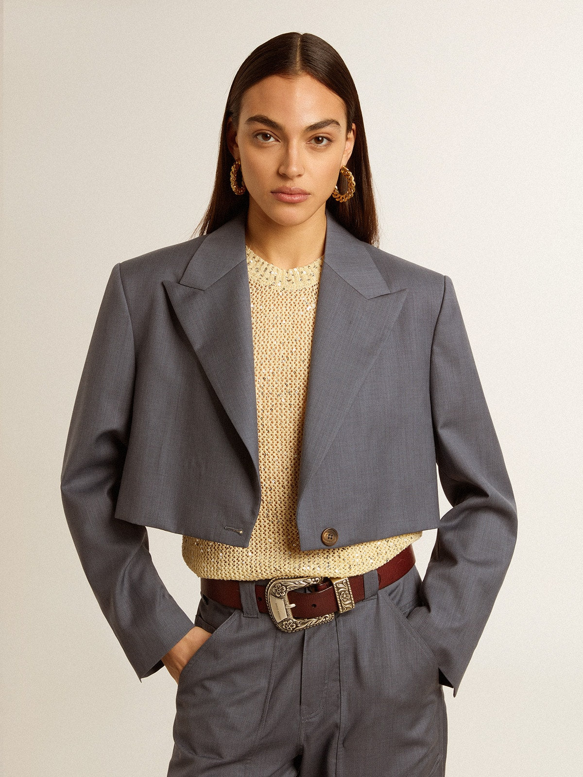 Women's single-breasted cropped jacket in baby blue wool - Golden Goose Women