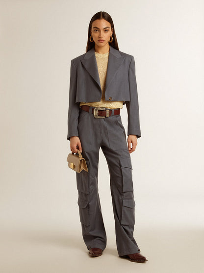Women's single-breasted cropped jacket in baby blue wool - Golden Goose Women
