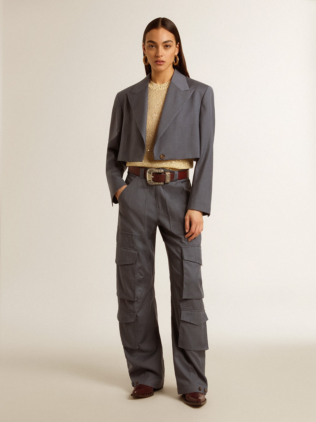 Women's single-breasted cropped jacket in baby blue wool - Golden Goose Women