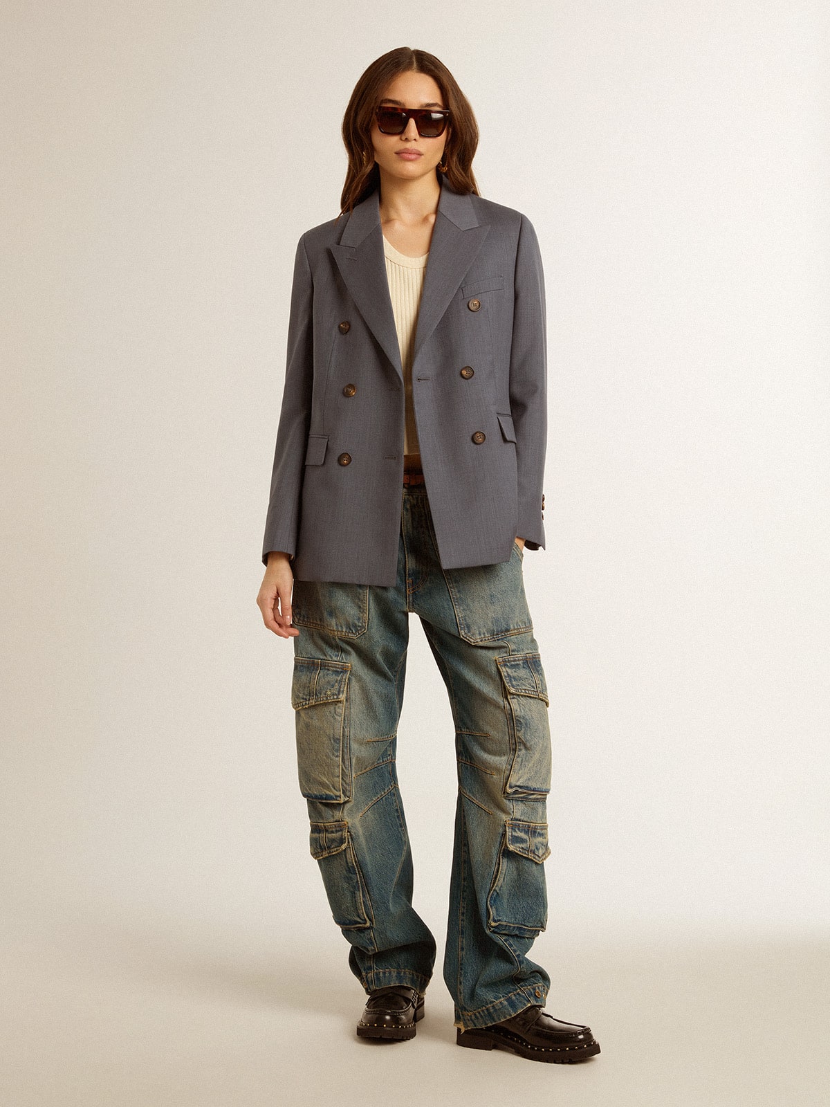 Women's double-breasted blazer in baby blue - Golden Goose Women