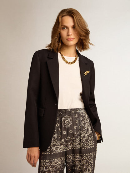 Women’s single-breasted blazer in dark blue wool gabardine - Golden Goose Women