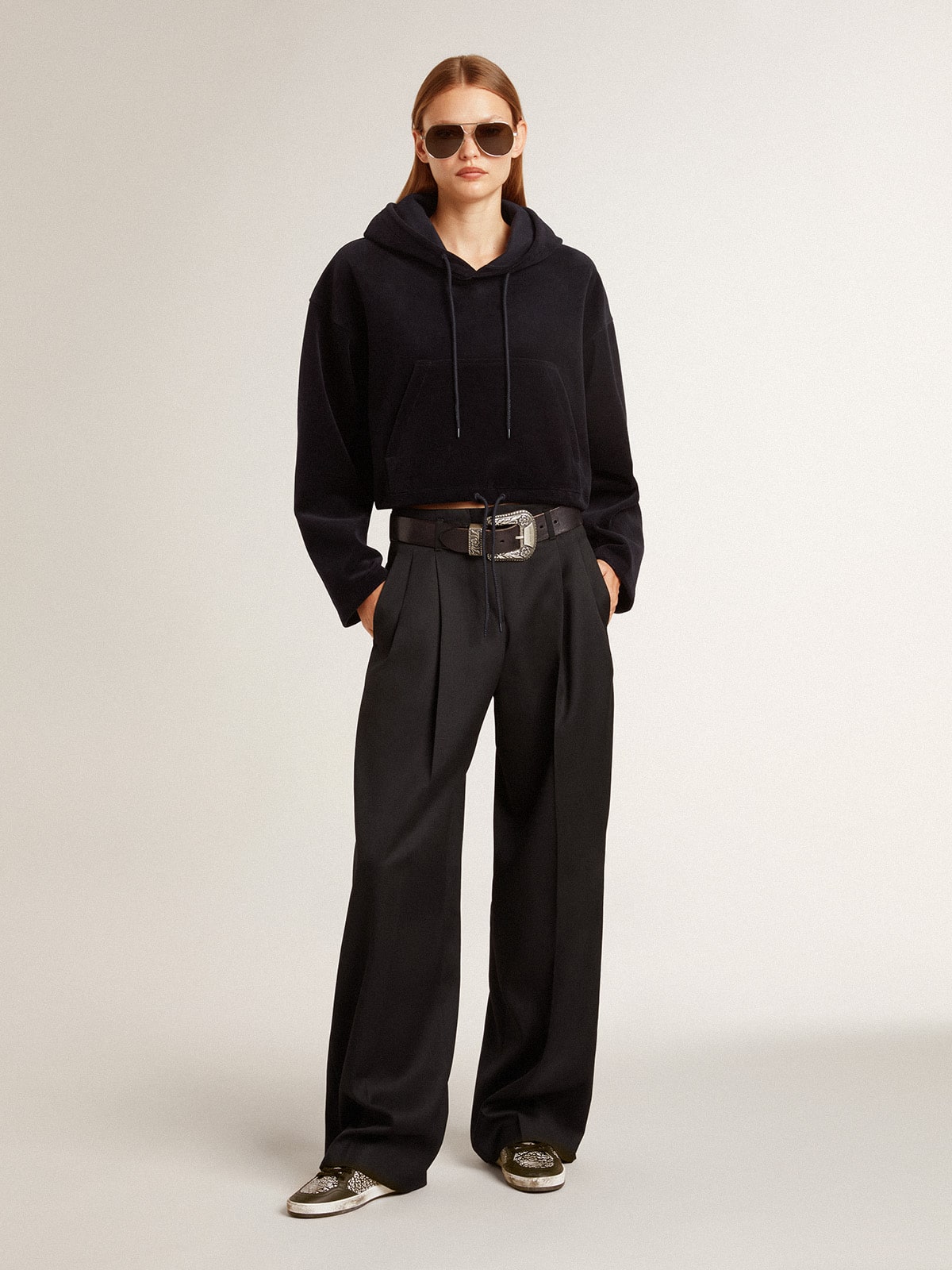 Women’s black chenille sweatshirt with embroidery on the back - Golden Goose Women