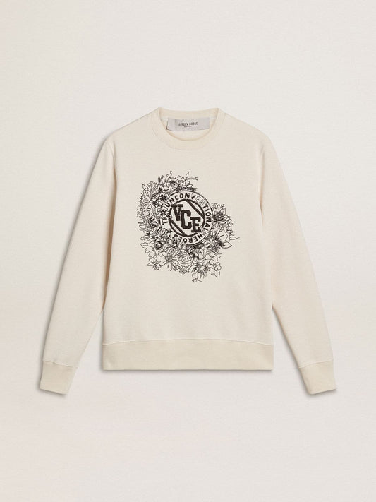 Women’s worn-white cotton sweatshirt with embroidery - Golden Goose Women