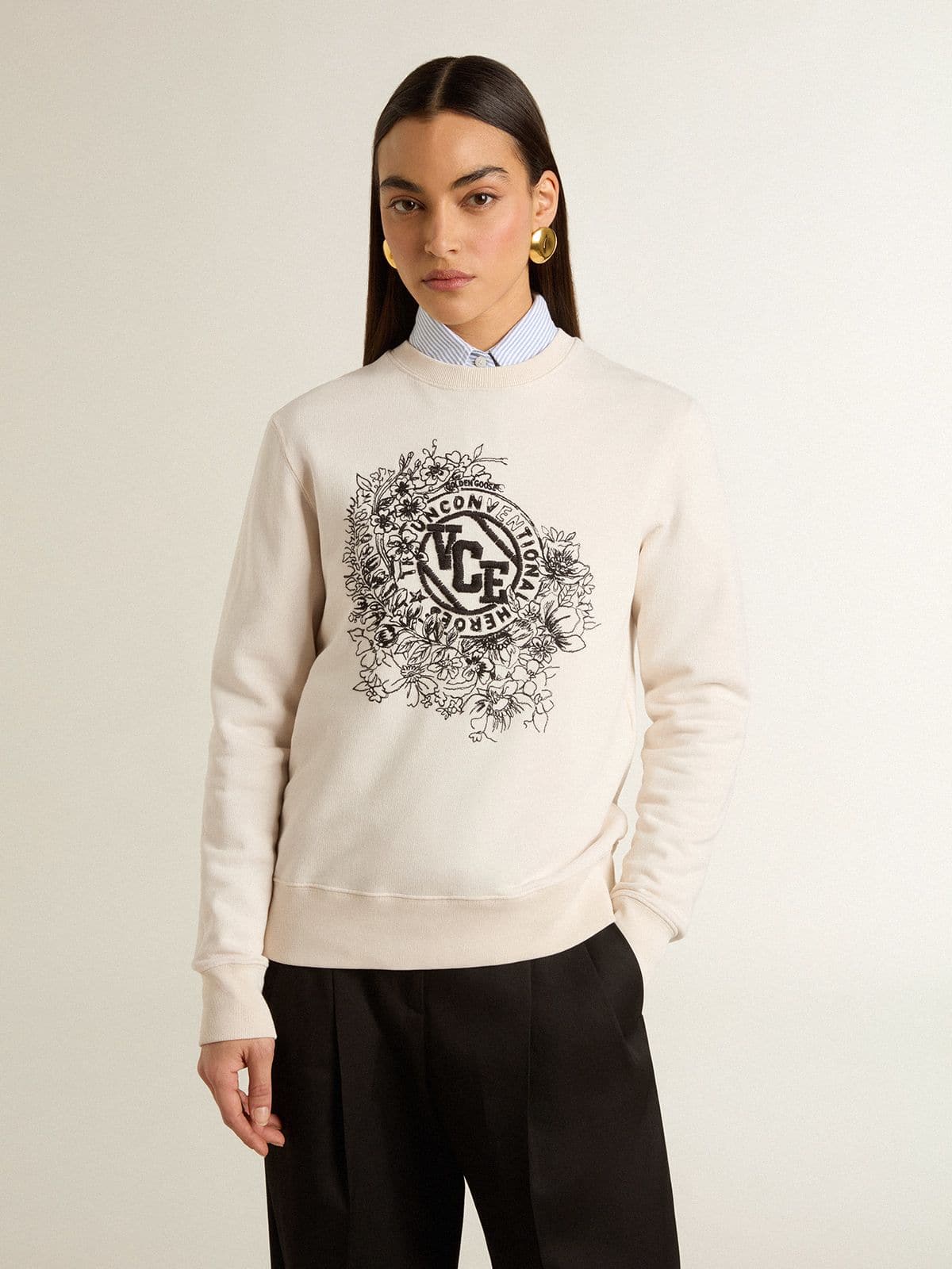 Women’s worn-white cotton sweatshirt with embroidery - Golden Goose Women