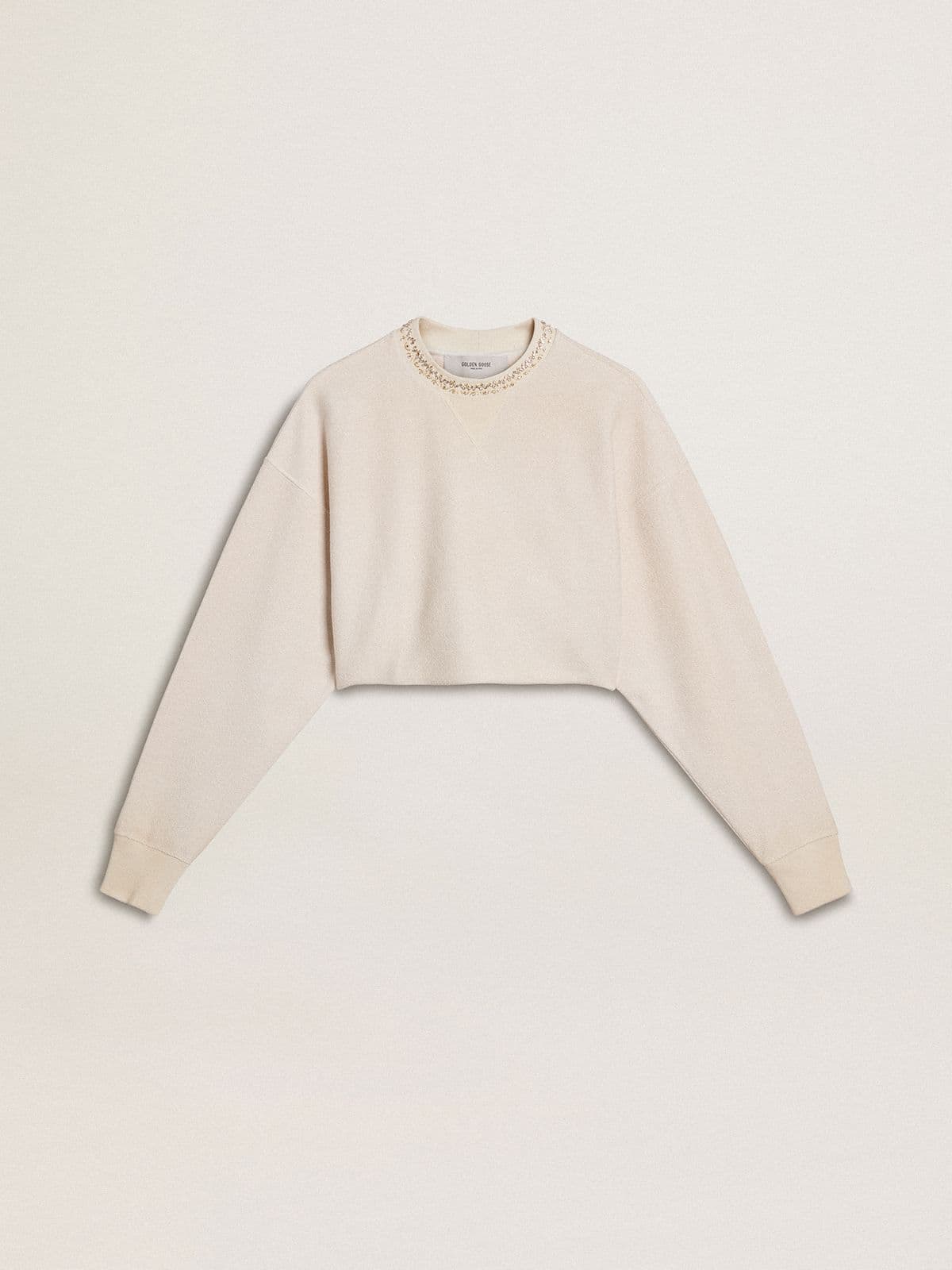 Women's cream cotton cropped sweatshirt with crystals on the front - Golden Goose Women
