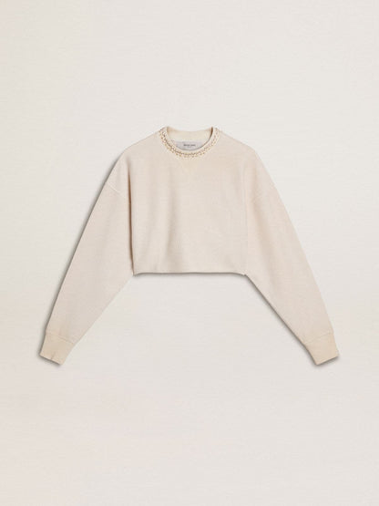Women's cream cotton cropped sweatshirt with crystals on the front - Golden Goose Women