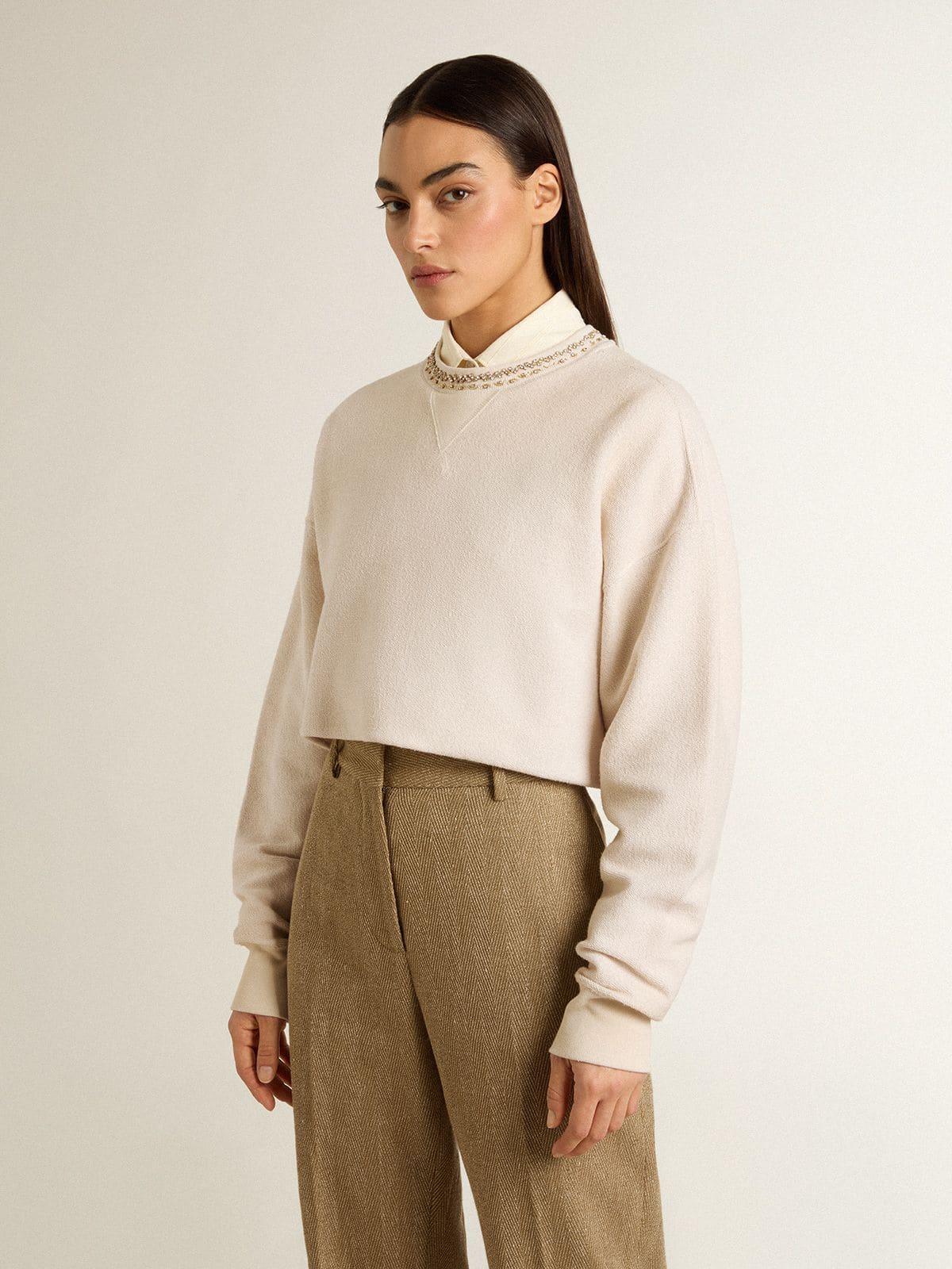 Women's cream cotton cropped sweatshirt with crystals on the front - Golden Goose Women
