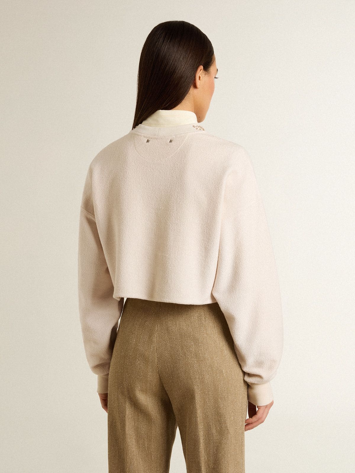 Women's cream cotton cropped sweatshirt with crystals on the front - Golden Goose Women