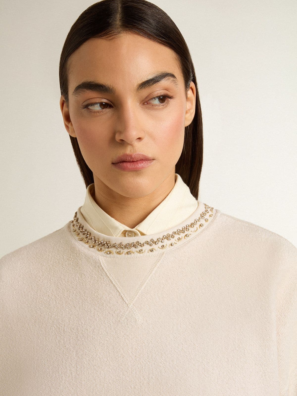 Women's cream cotton cropped sweatshirt with crystals on the front - Golden Goose Women