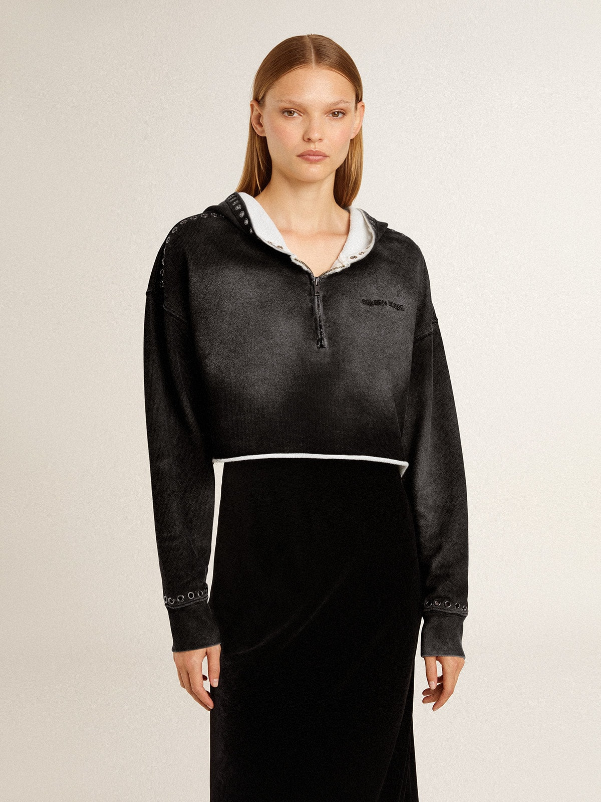 Gray cropped sweatshirt with a lived-in effect - Golden Goose Women