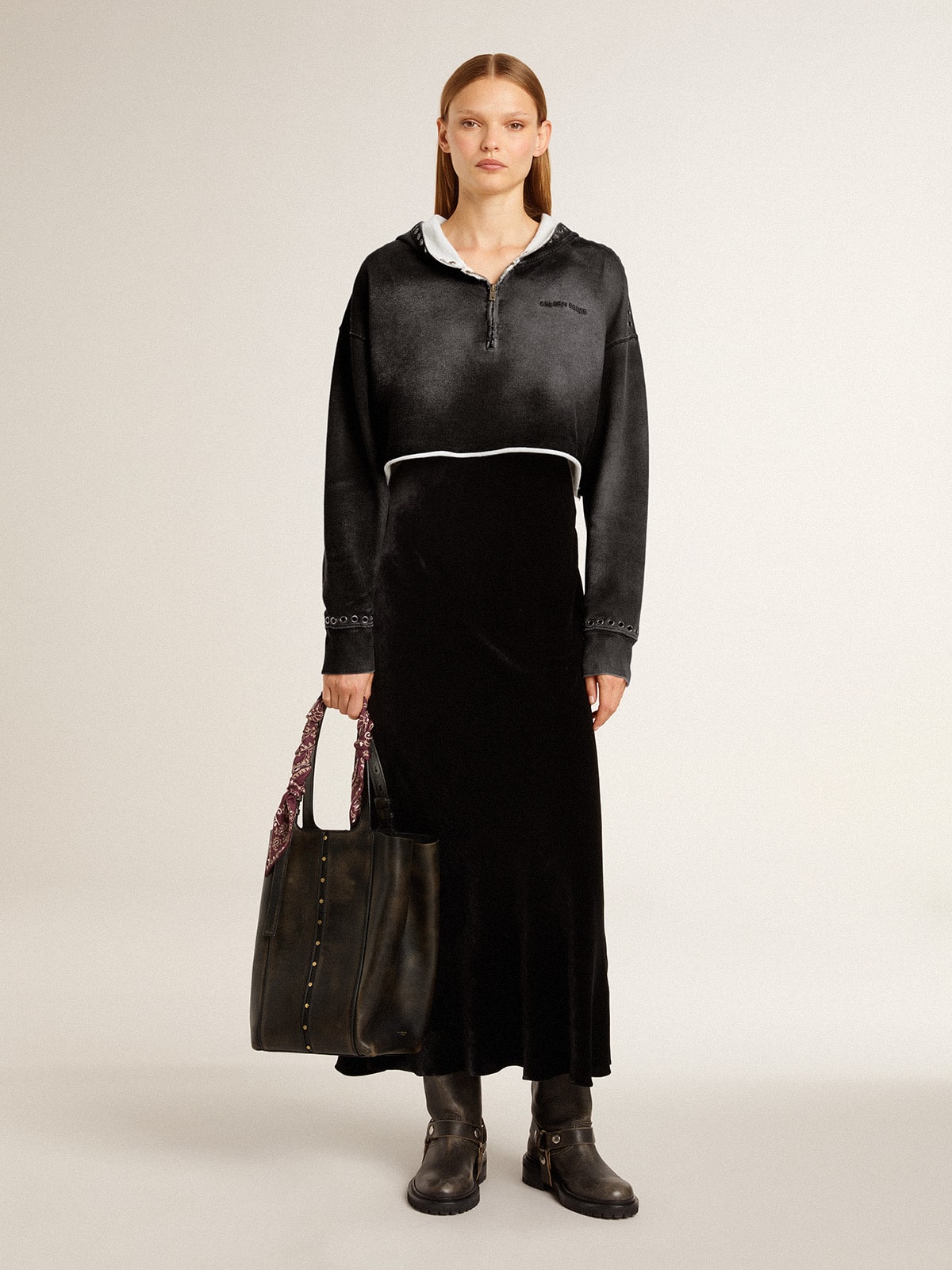 Gray cropped sweatshirt with a lived-in effect - Golden Goose Women