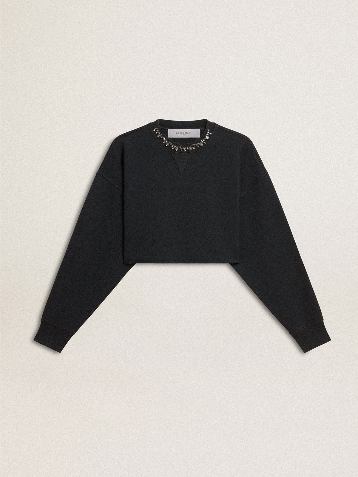 Women's cropped cotton sweatshirt with crystals on the front - Golden Goose Women