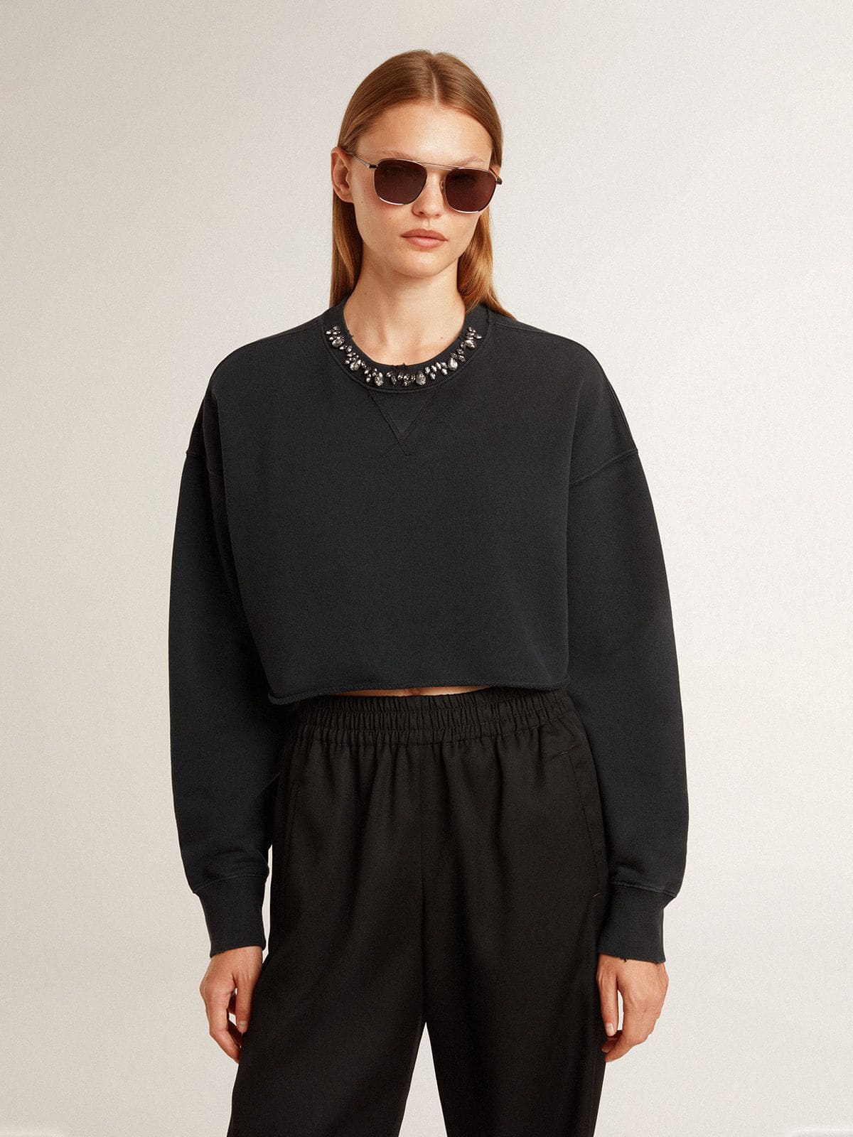 Women's cropped cotton sweatshirt with crystals on the front - Golden Goose Women