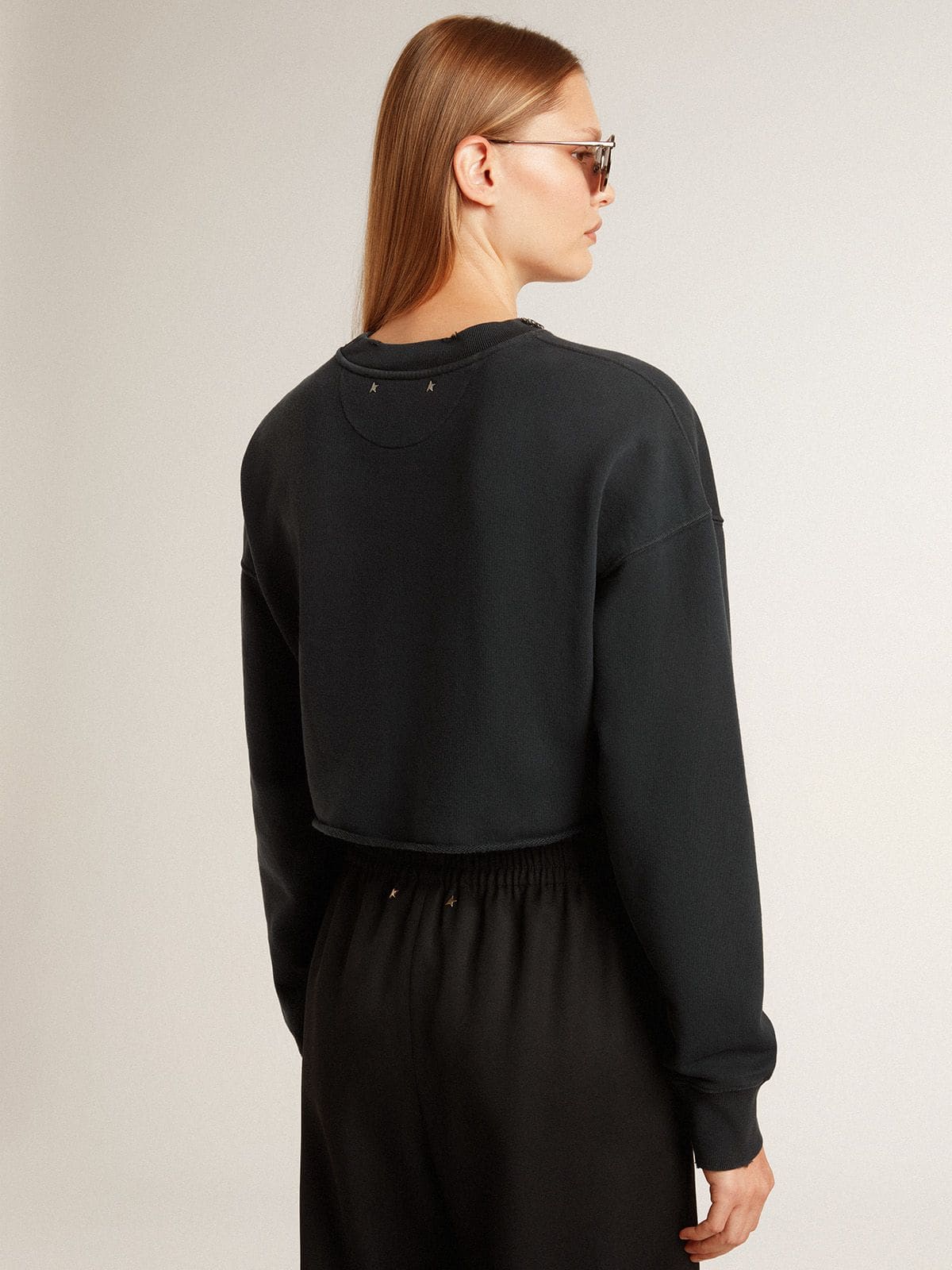 Women's cropped cotton sweatshirt with crystals on the front - Golden Goose Women