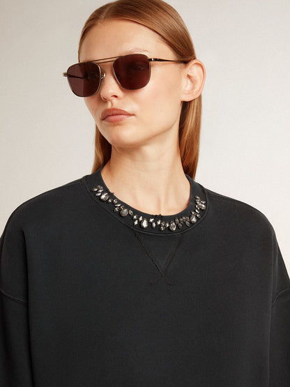 Women's cropped cotton sweatshirt with crystals on the front - Golden Goose Women