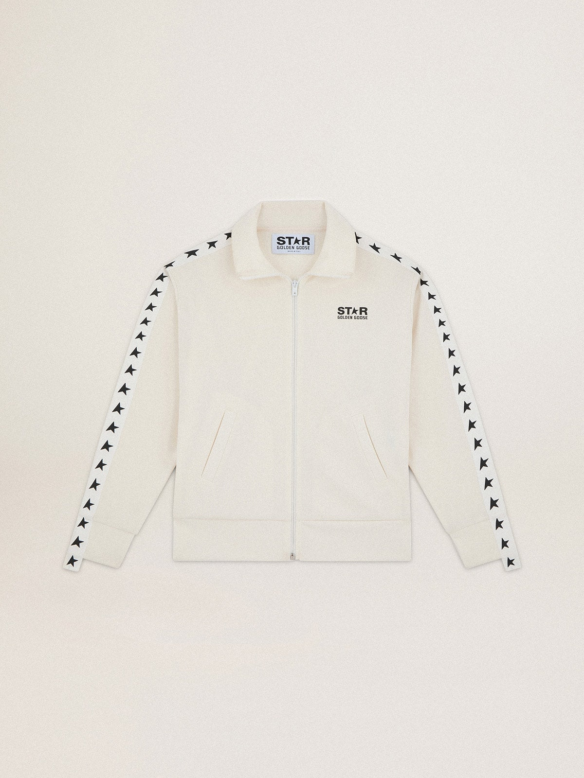 Women’s white zipped sweatshirt with white strip and black stars - Golden Goose Women