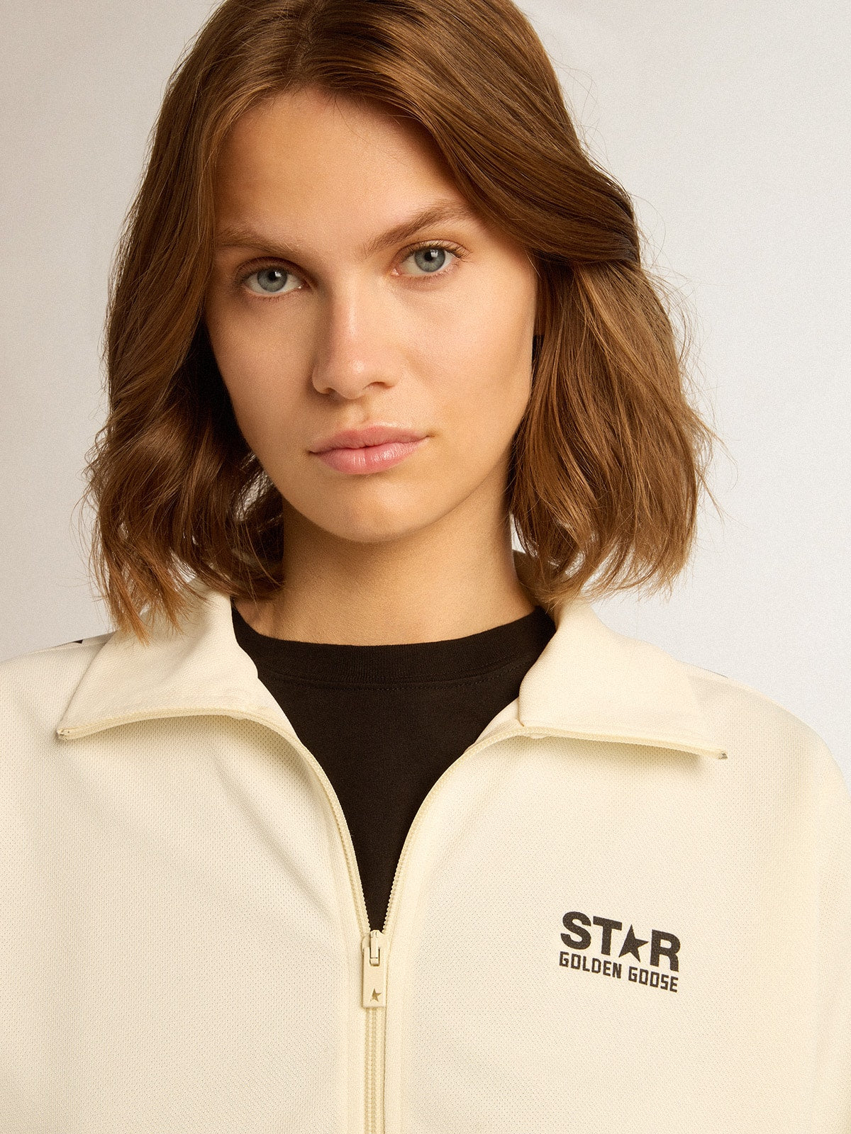 Women’s white zipped sweatshirt with white strip and black stars - Golden Goose Women