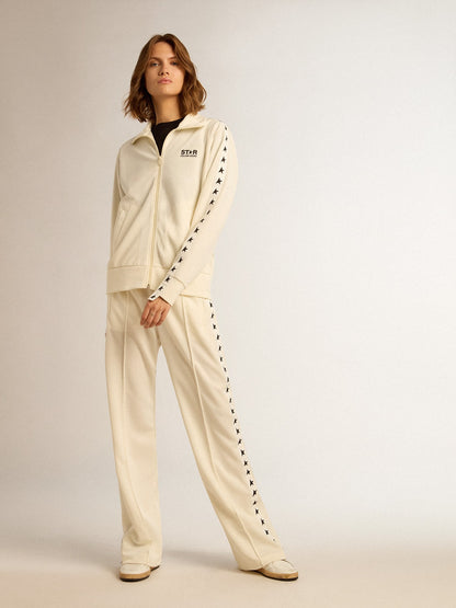 Women’s white zipped sweatshirt with white strip and black stars - Golden Goose Women