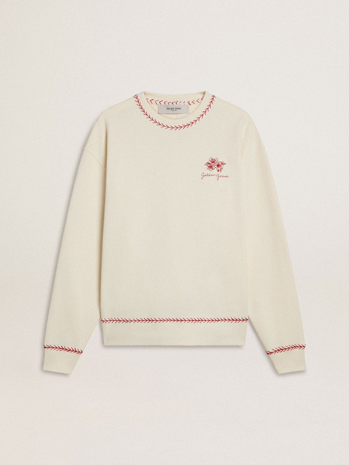 CNY sweatshirt in worn-white cotton with red embroidery - Golden Goose Women|Men
