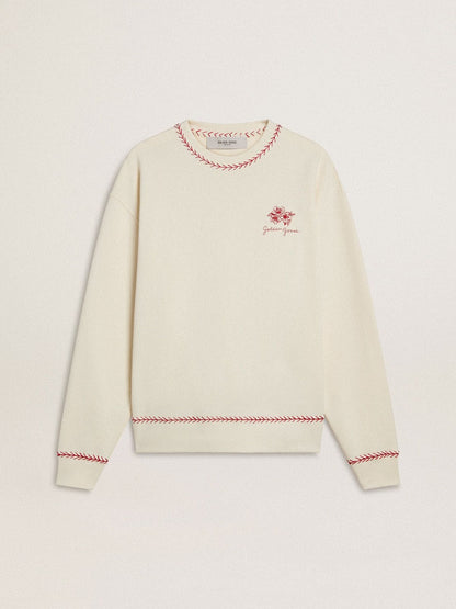 CNY sweatshirt in worn-white cotton with red embroidery - Golden Goose Women|Men