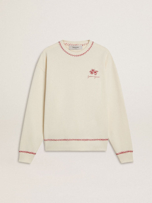 CNY sweatshirt in worn-white cotton with red embroidery - Golden Goose Women|Men