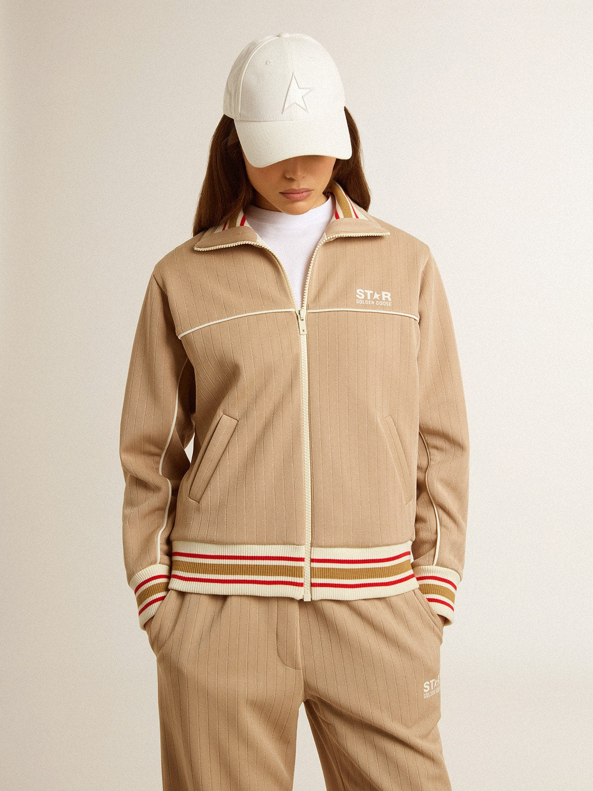 Women’s light beige zipped sweatshirt with white logo - Golden Goose Women