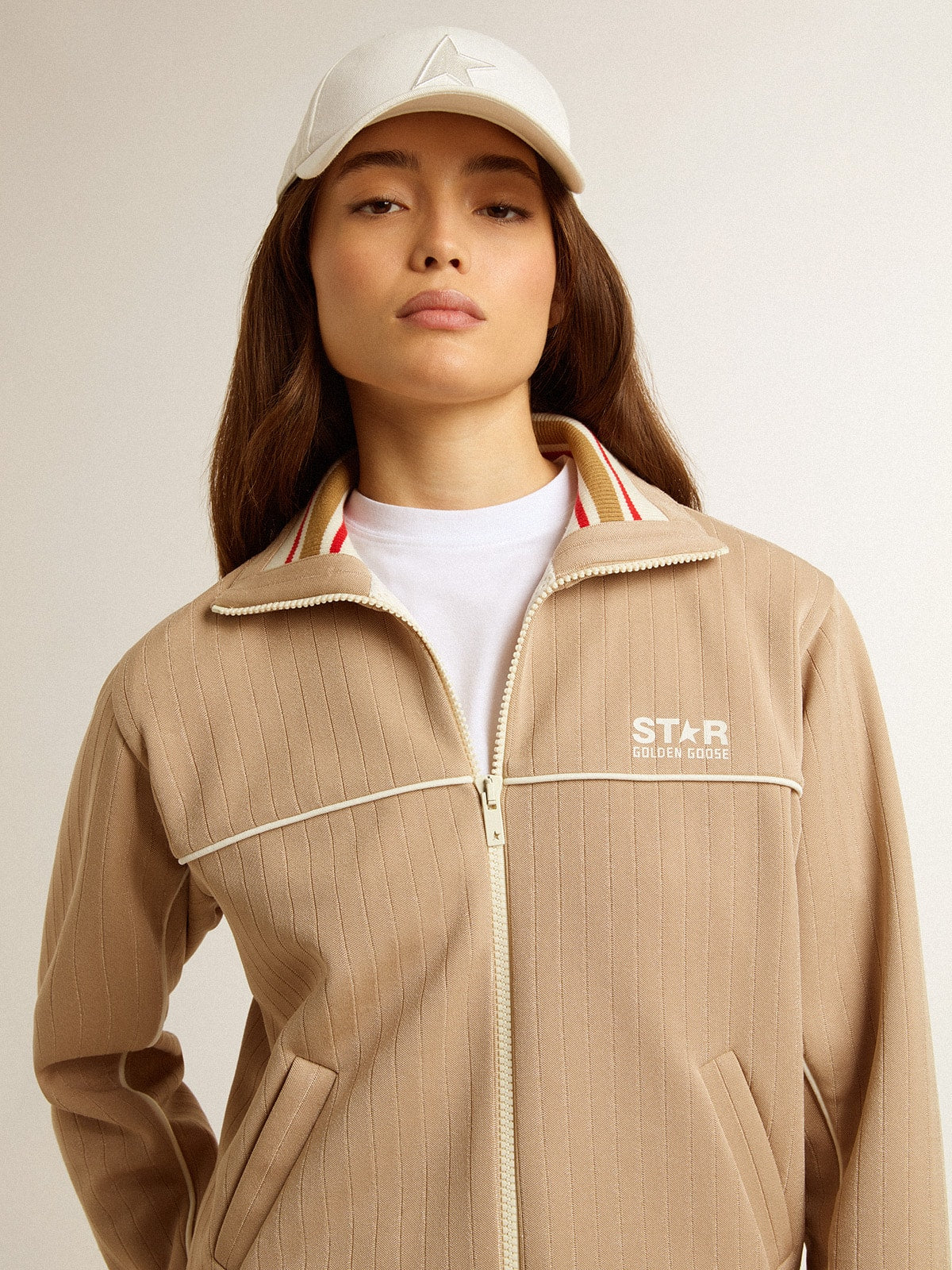 Women’s light beige zipped sweatshirt with white logo - Golden Goose Women