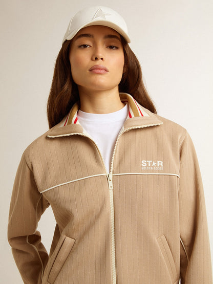 Women’s light beige zipped sweatshirt with white logo - Golden Goose Women