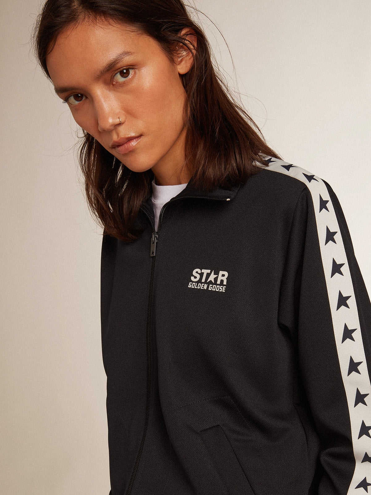 Dark blue zipped sweatshirt with white strip and contrasting stars - Golden Goose Women