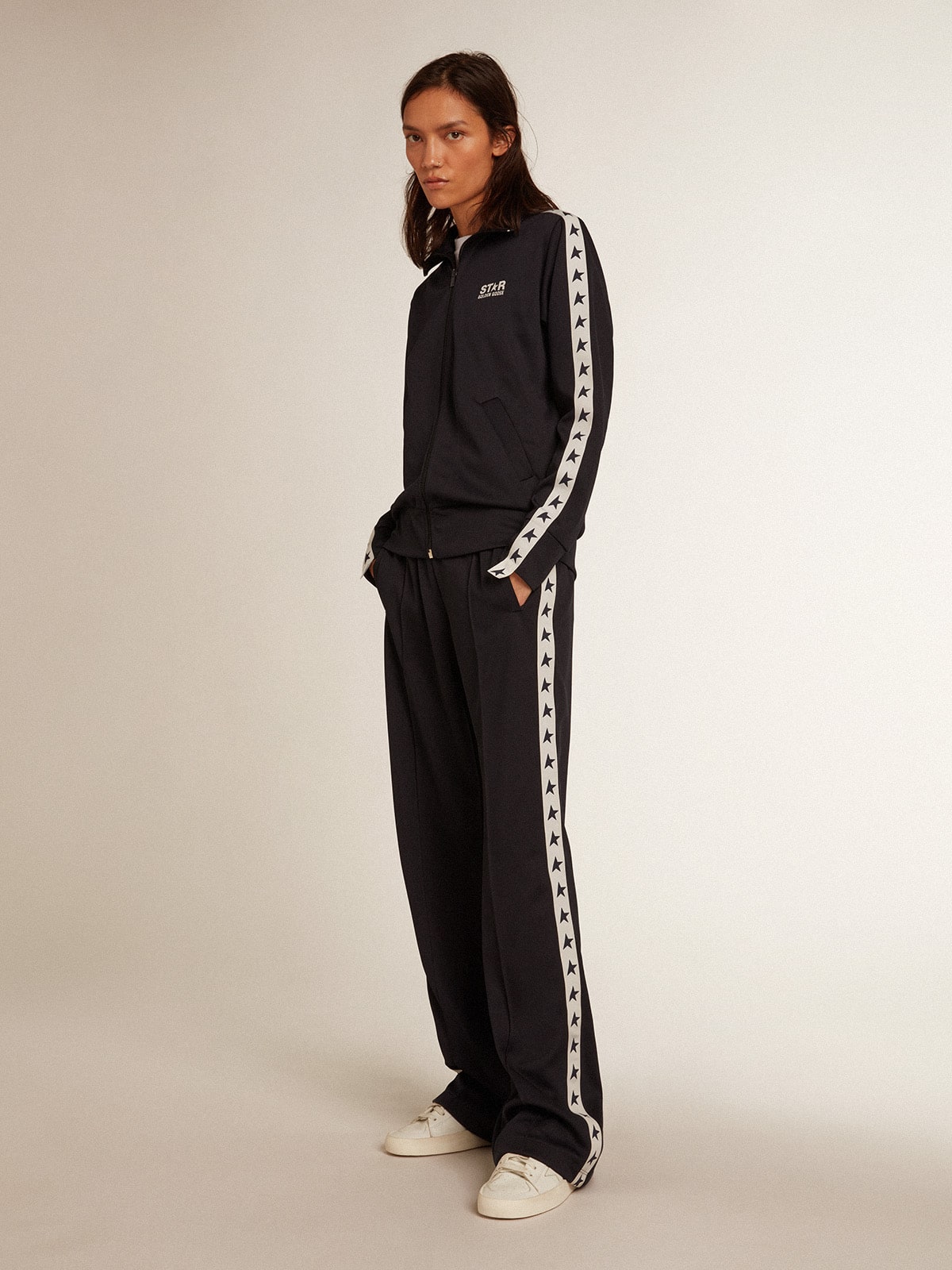 Dark blue zipped sweatshirt with white strip and contrasting stars - Golden Goose Women