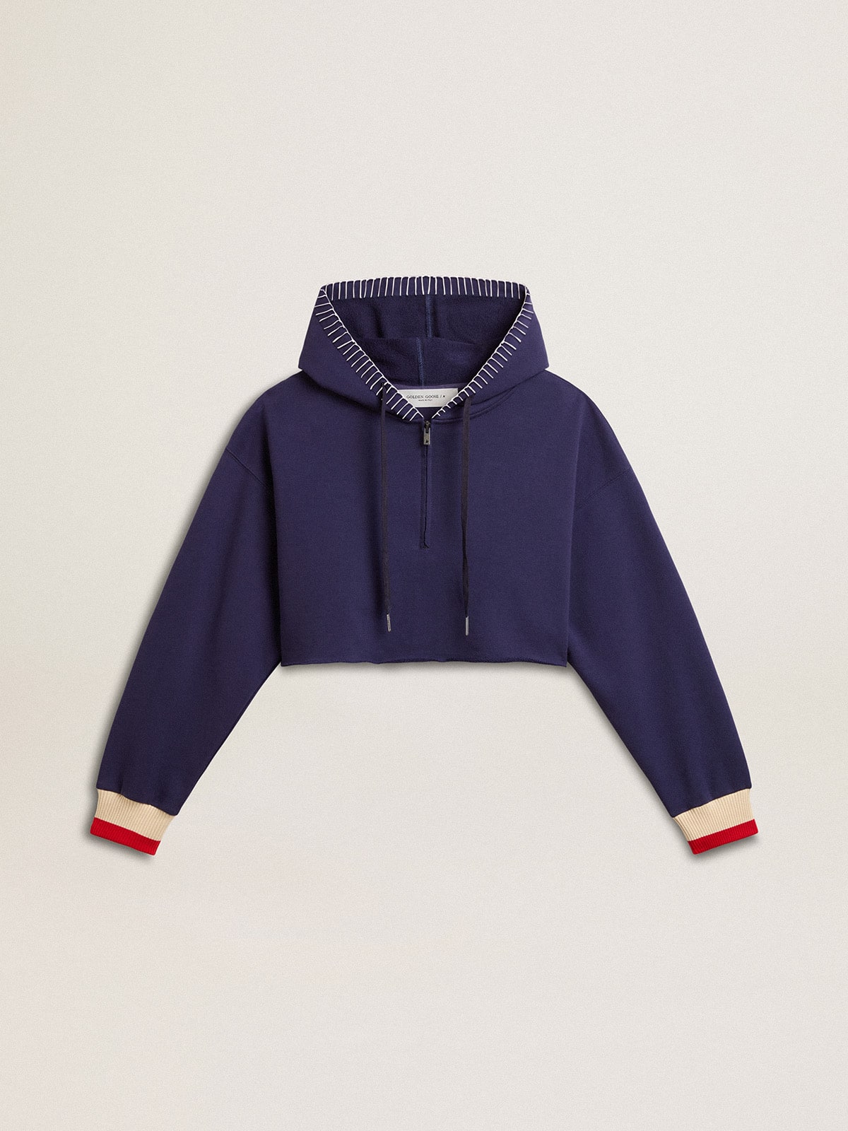 Dark blue cropped sweatshirt with zip fastening and embroidered hood - Golden Goose Women