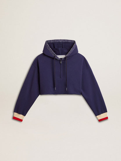 Dark blue cropped sweatshirt with zip fastening and embroidered hood - Golden Goose Women