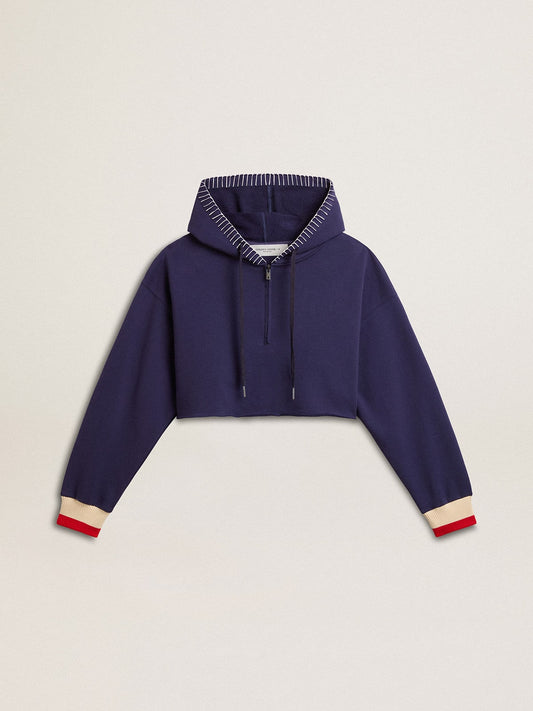 Dark blue cropped sweatshirt with zip fastening and embroidered hood - Golden Goose Women