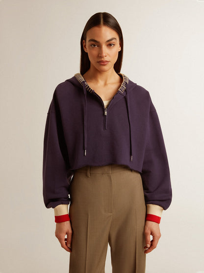 Dark blue cropped sweatshirt with zip fastening and embroidered hood - Golden Goose Women