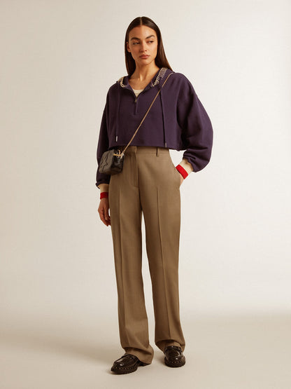 Dark blue cropped sweatshirt with zip fastening and embroidered hood - Golden Goose Women