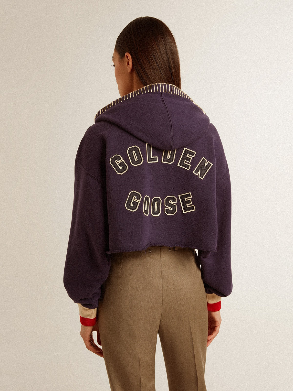 Dark blue cropped sweatshirt with zip fastening and embroidered hood - Golden Goose Women