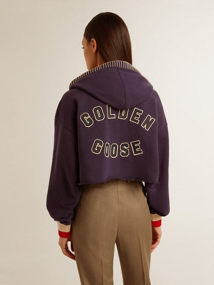 Dark blue cropped sweatshirt with zip fastening and embroidered hood - Golden Goose Women