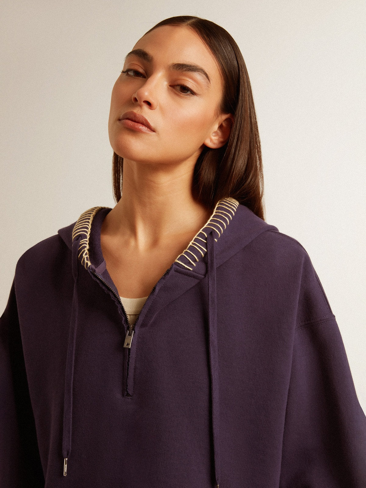 Dark blue cropped sweatshirt with zip fastening and embroidered hood - Golden Goose Women