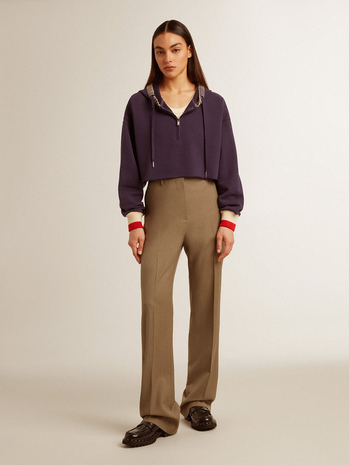 Dark blue cropped sweatshirt with zip fastening and embroidered hood - Golden Goose Women