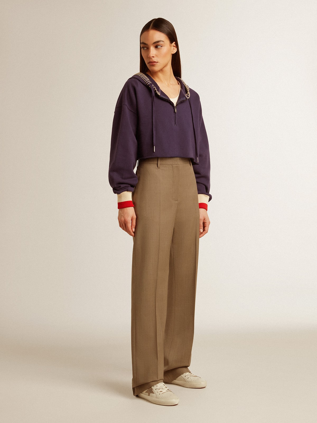 Dark blue cropped sweatshirt with zip fastening and embroidered hood - Golden Goose Women