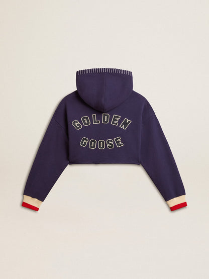 Dark blue cropped sweatshirt with zip fastening and embroidered hood - Golden Goose Women