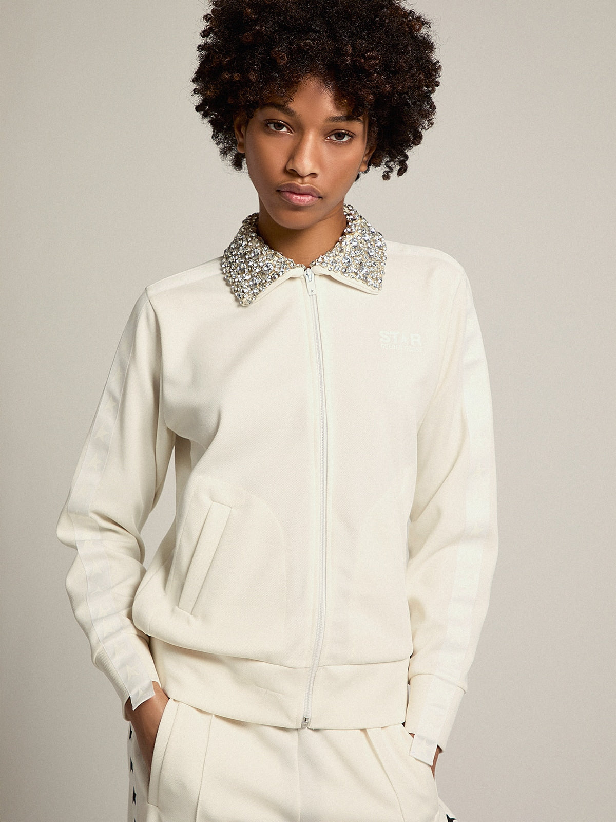 Papyrus white Denise Star Collection zipped sweatshirt with crystal collar - Golden Goose Women