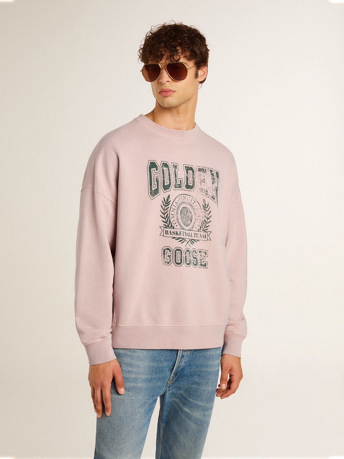 Old rose unisex round neck sweatshirt with green logo print - Golden Goose Women|Men