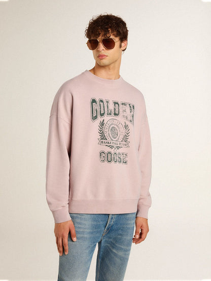 Old rose unisex round neck sweatshirt with green logo print - Golden Goose Women|Men