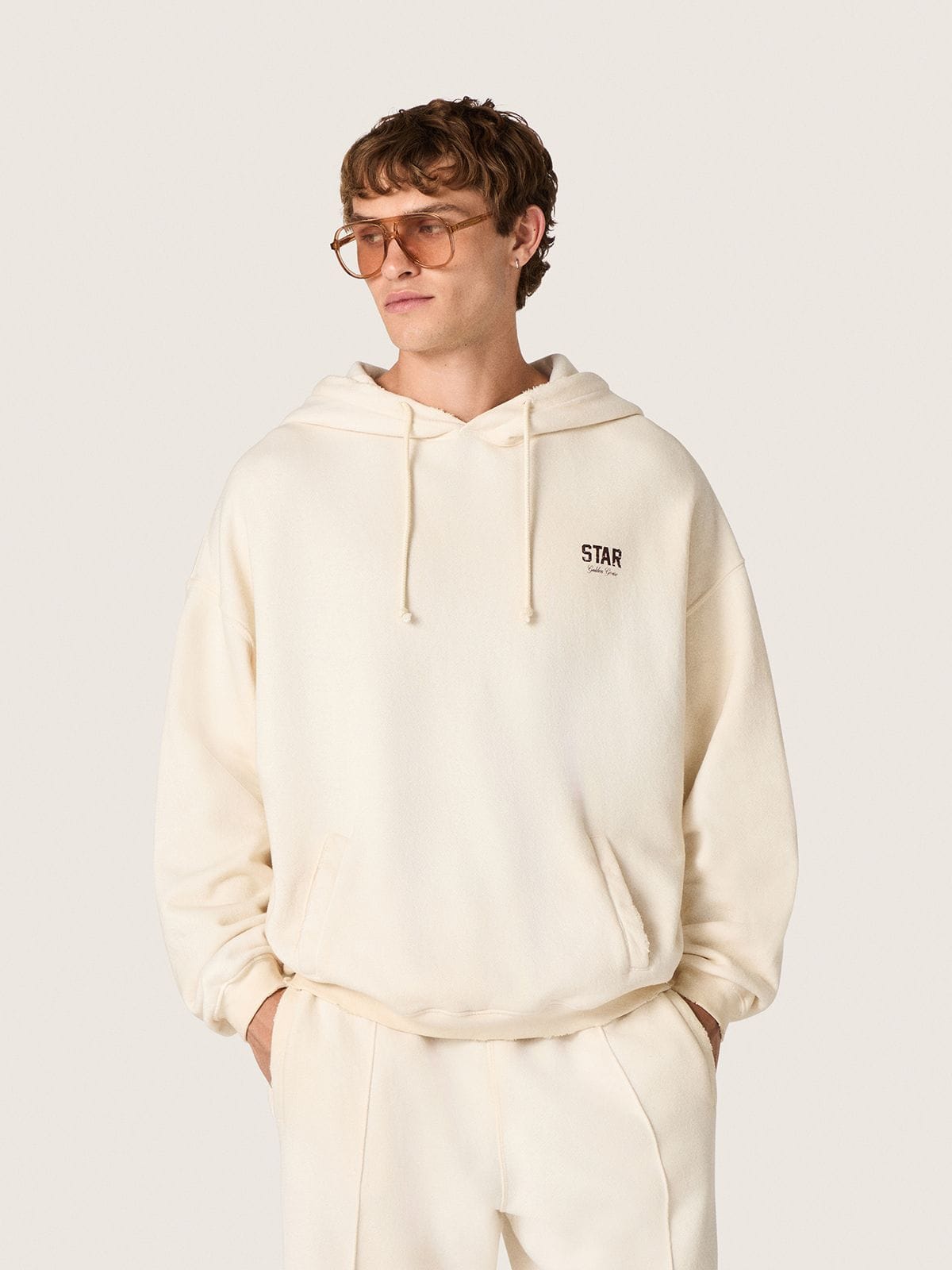 Star unisex hooded sweatshirt in white cotton with logo print - Golden Goose Women|Men