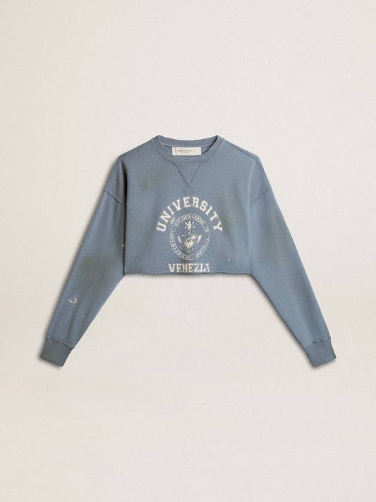 Cropped sweatshirt in baby blue with distressed finish - Golden Goose Women