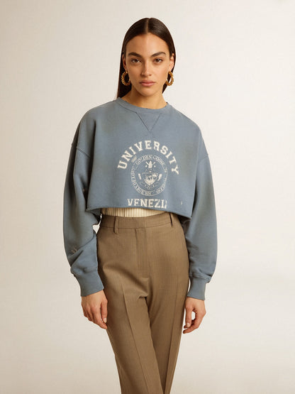 Cropped sweatshirt in baby blue with distressed finish - Golden Goose Women